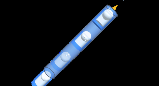 Example 3D flow animation: liquid slugs and bullet-nosed Taylor gas bubbles travelling up a pipe inclined at 45 degrees.